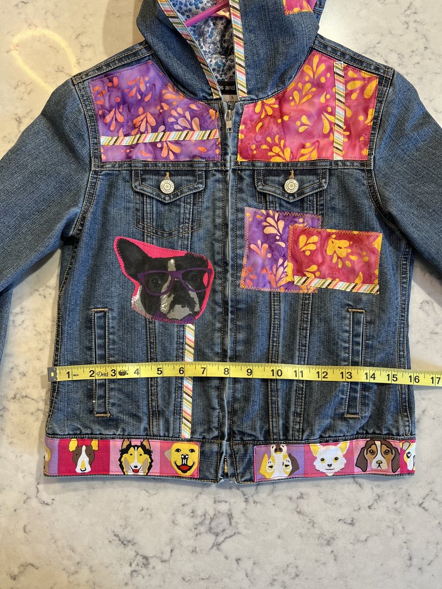 Puppy patchwork upcycled Jean jacket youth large