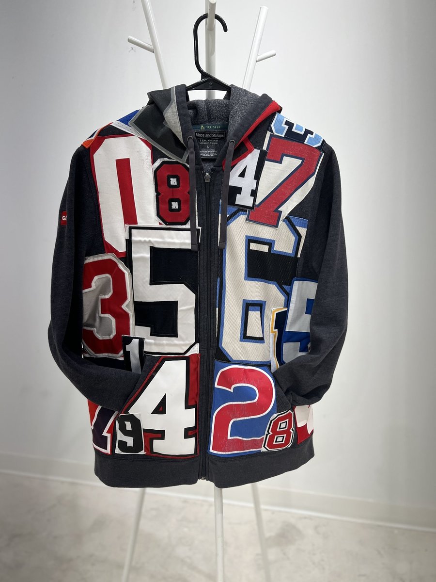 Number collage upcycled zip hoodie
