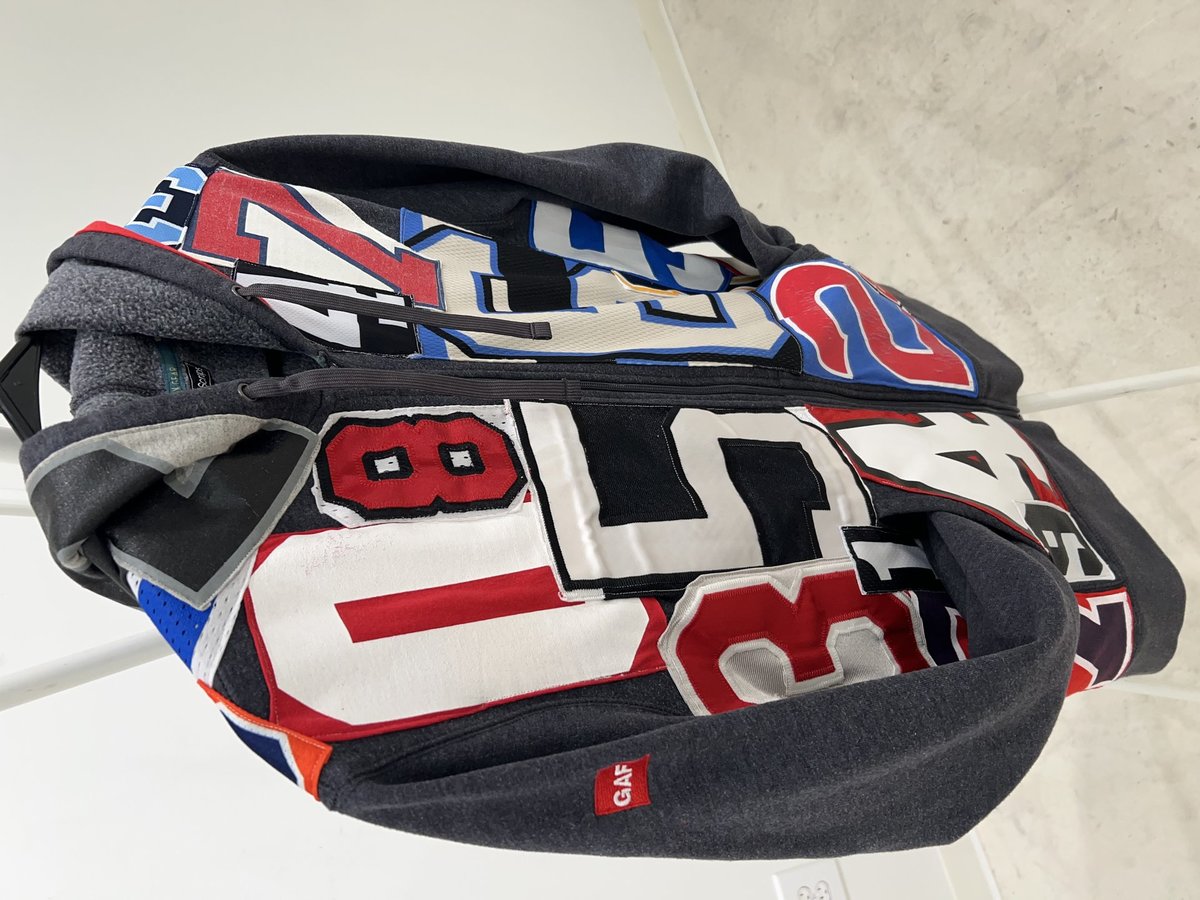 Number collage upcycled zip hoodie