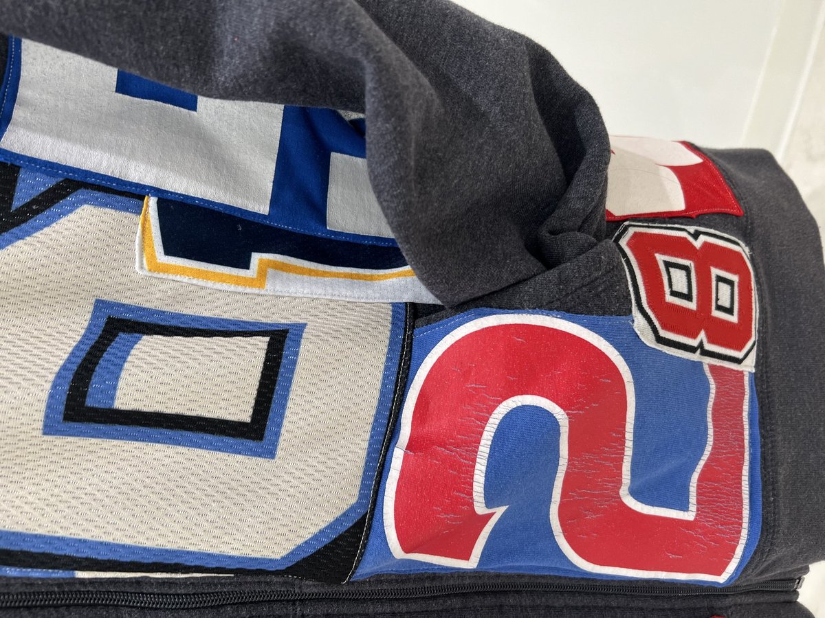 Number collage upcycled zip hoodie