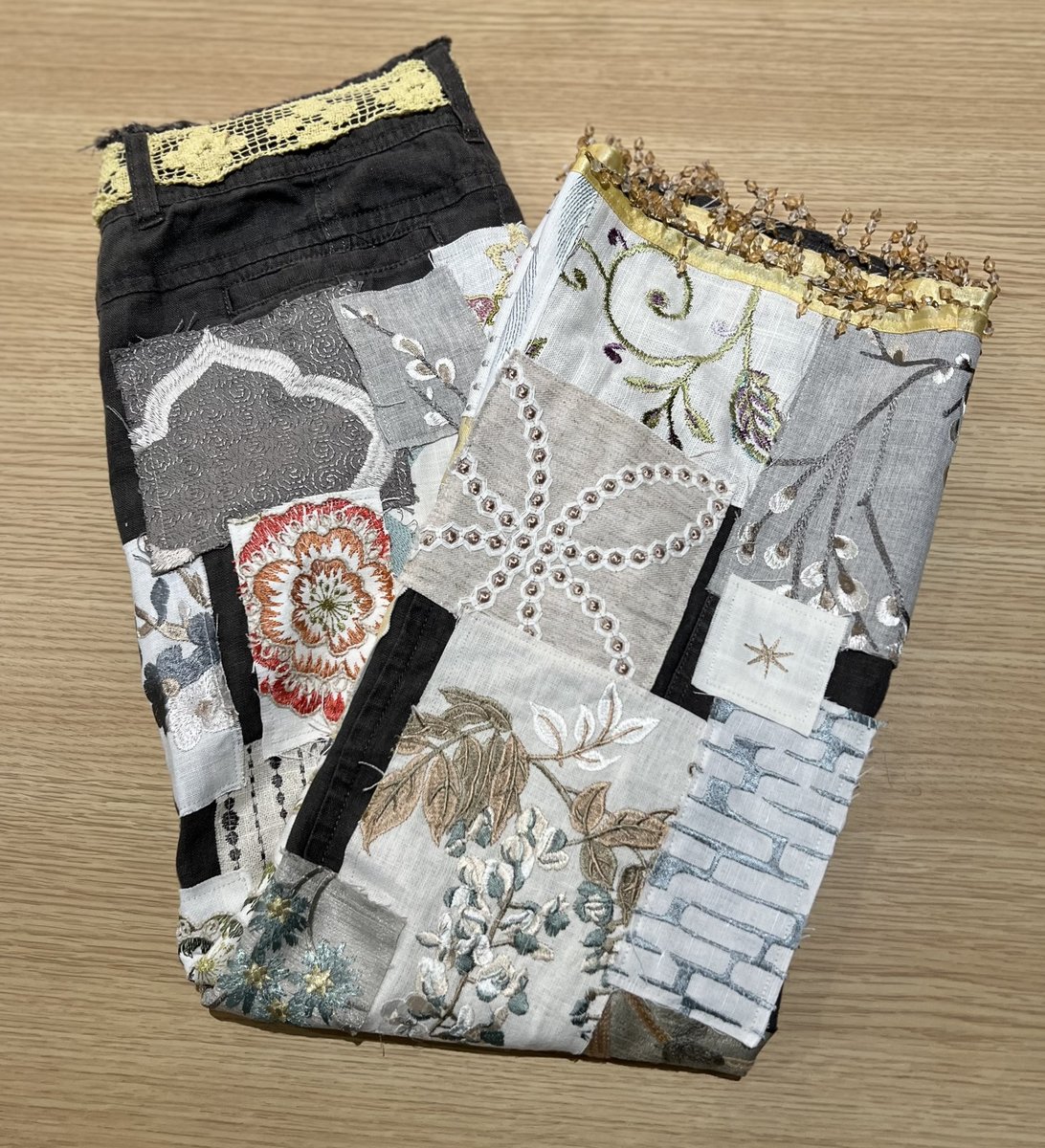 Embroidered patchwork linen pants