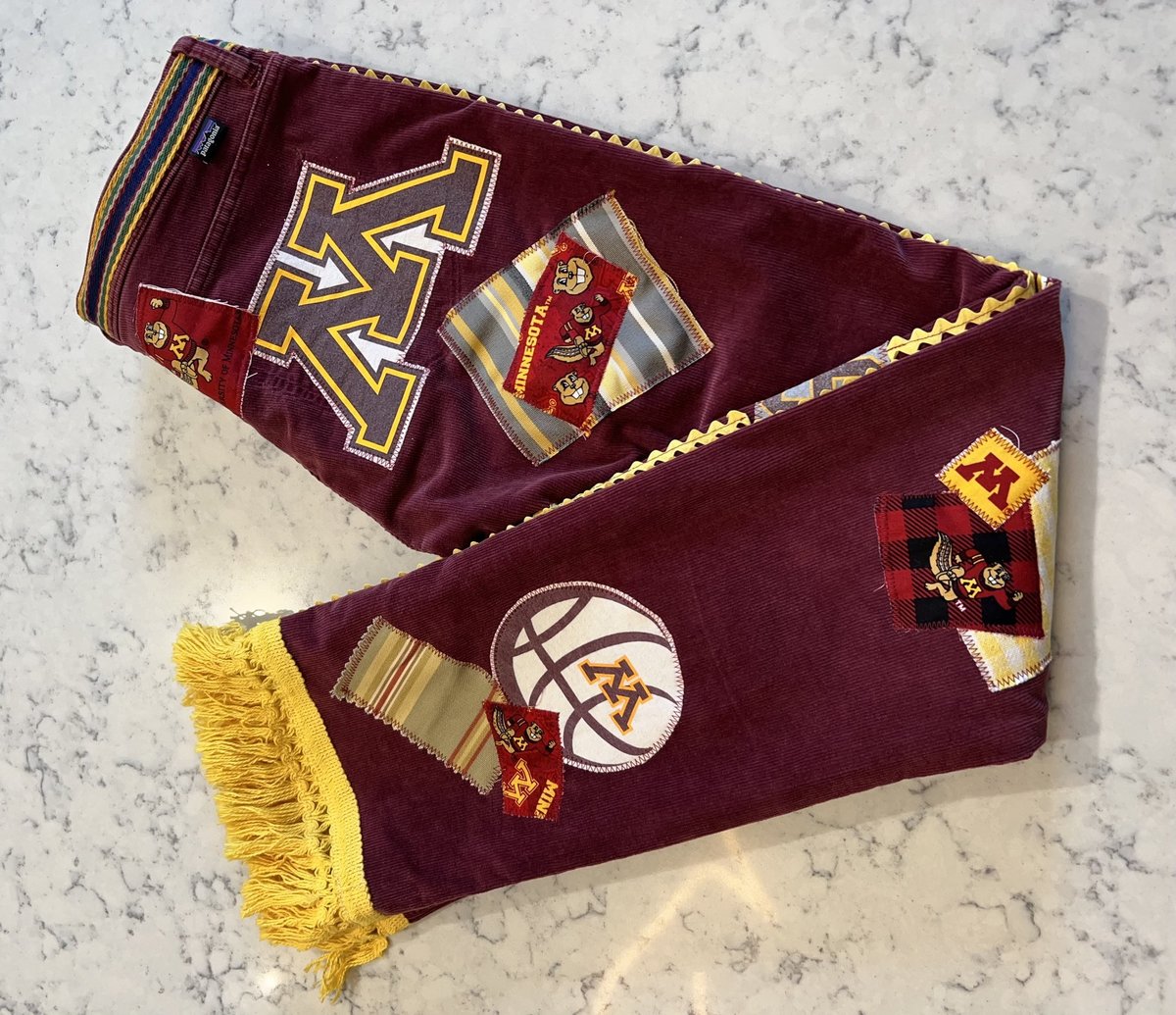 Minnesota Gophers upcycled patchwork collage jeans