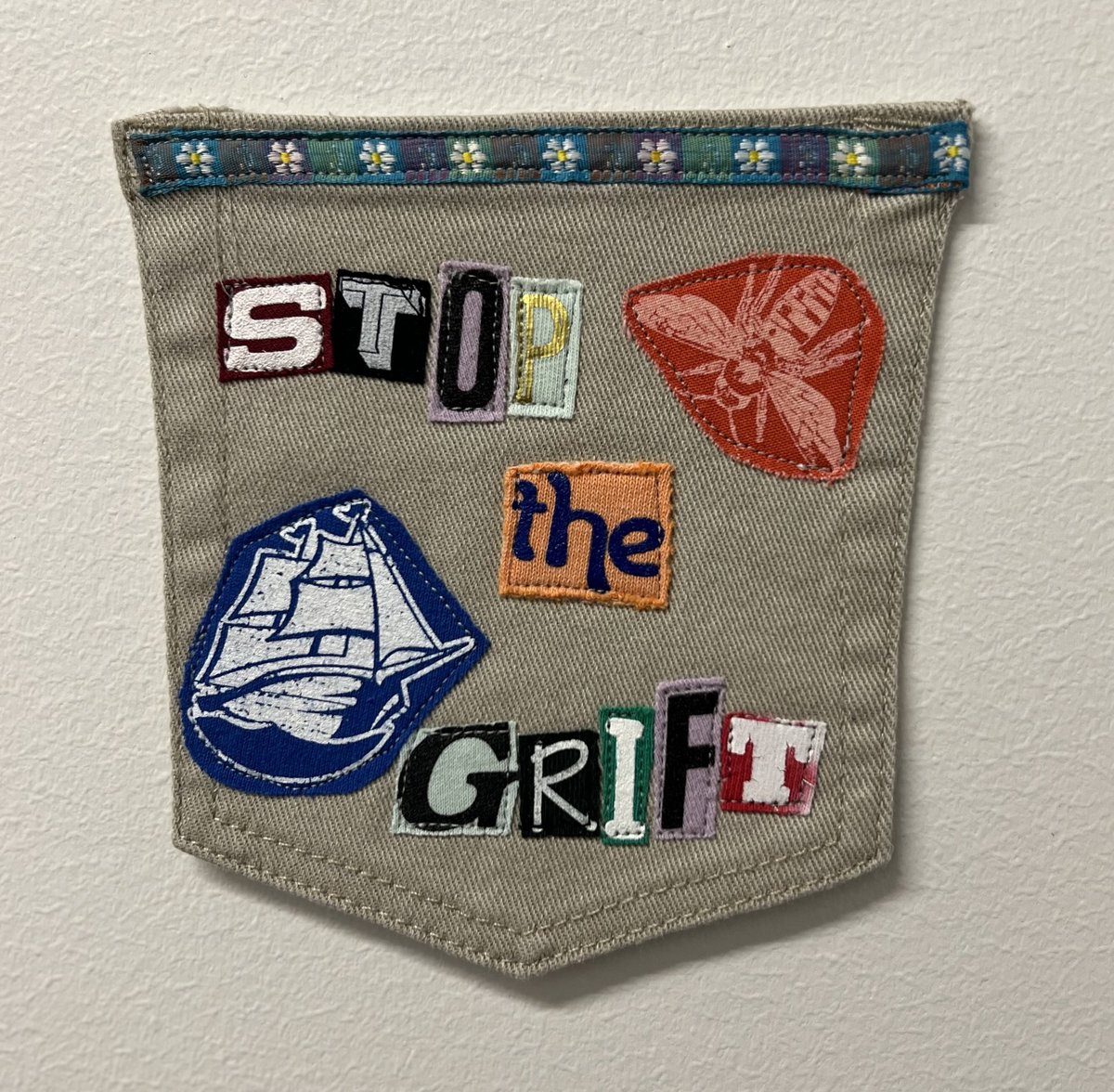 Stop the grift art collage patch