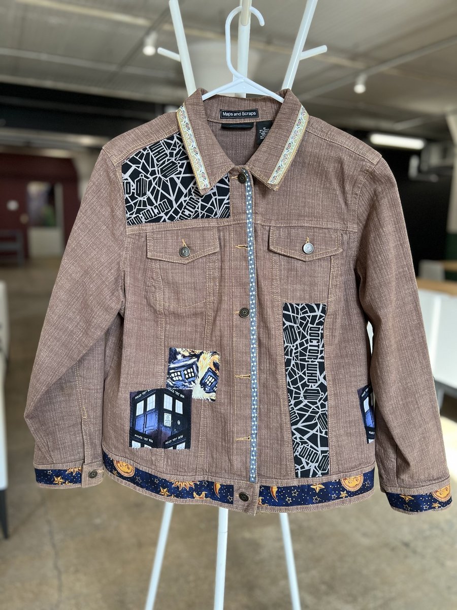 Doctor Who patchwork collage Jean jacket tan and blue