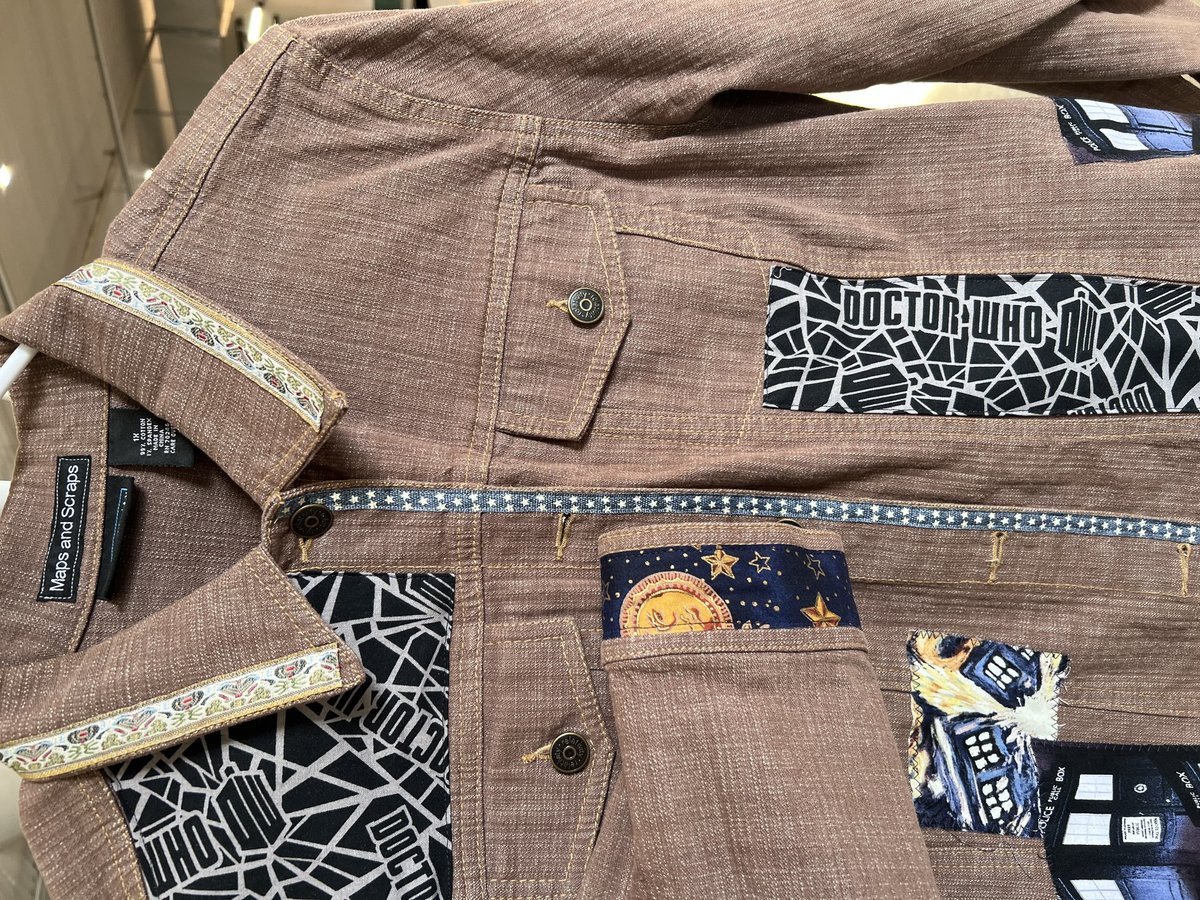 Doctor Who patchwork collage Jean jacket tan and blue