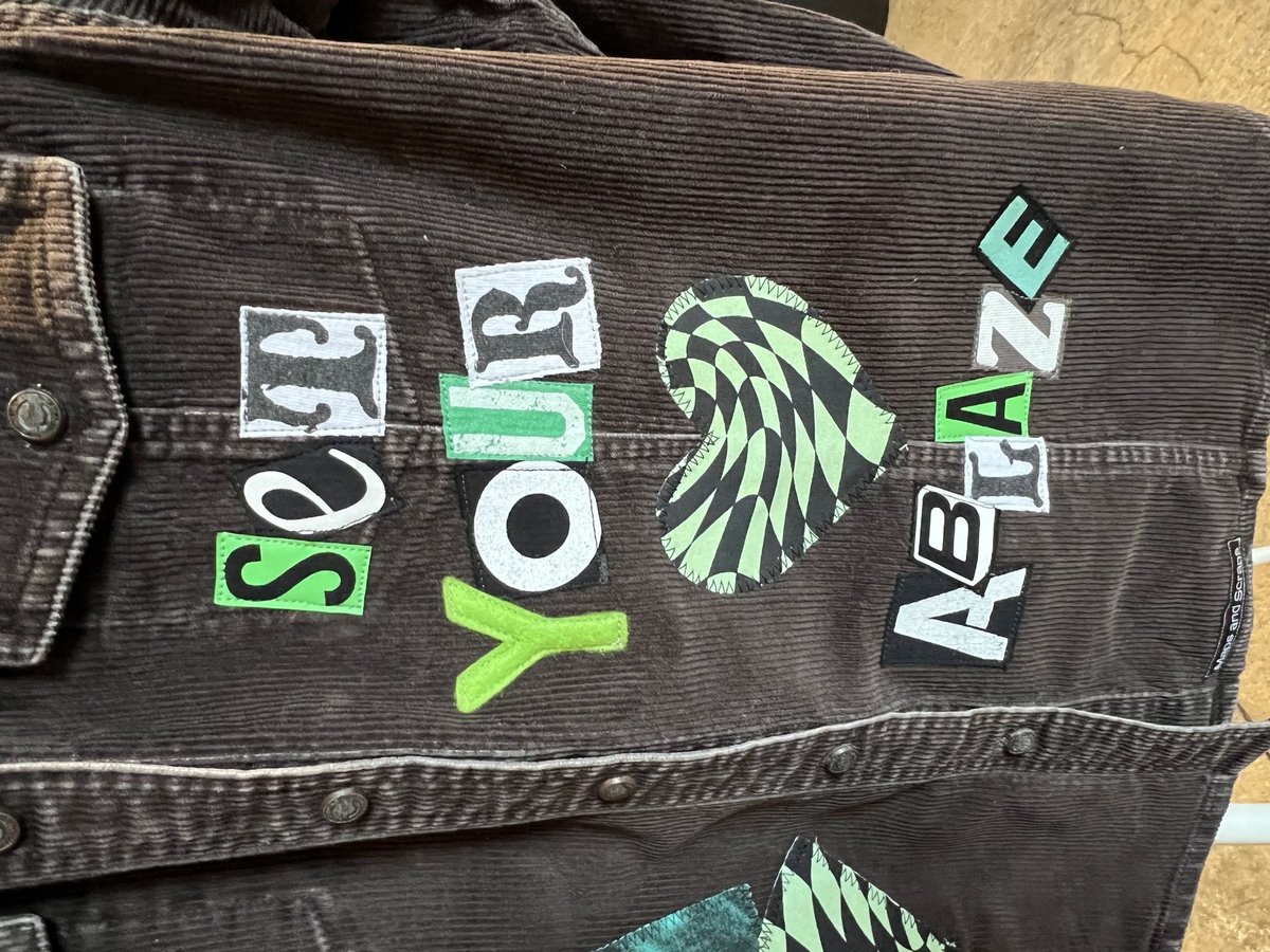 Demon Slayer tshirt patchwork upcycled brown corduroy jean jacket