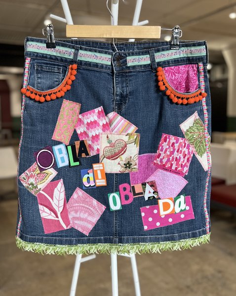 Obla di Beatles patchwork upcycled Jean skirt