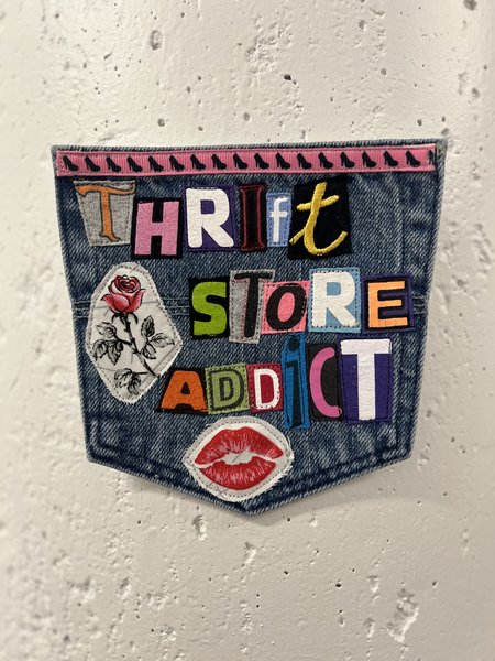 Thrift store addict art collage patch pink 