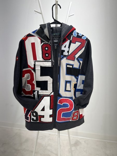 Number collage upcycled zip hoodie