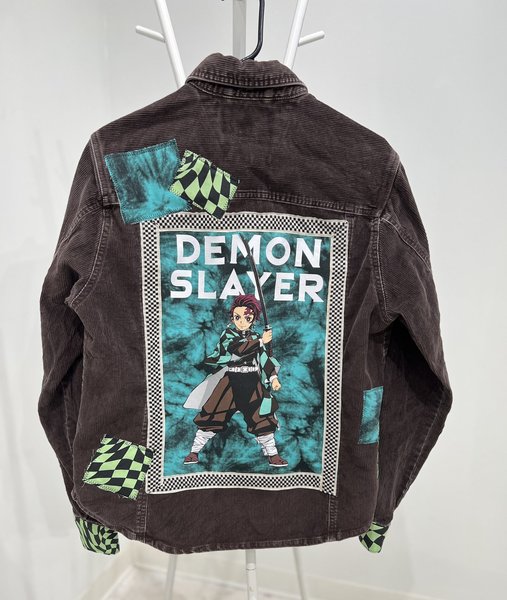 Demon Slayer tshirt patchwork upcycled brown corduroy jean jacket